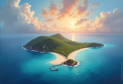 Island With A Small Pier From Above under a dramatic sky Oil Painting