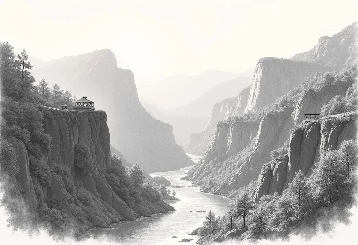 Waterfall Valley Seen From A Viewpoint in warm evening light Pencil Sketch