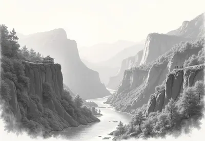 Waterfall Valley Seen From A Viewpoint in warm evening light Pencil Sketch