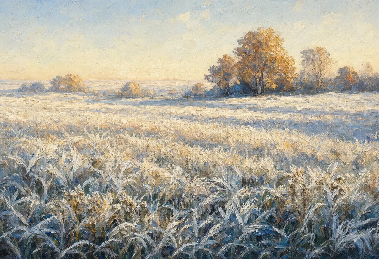 Hoarfrost On Grass in warm summer light Oil Painting