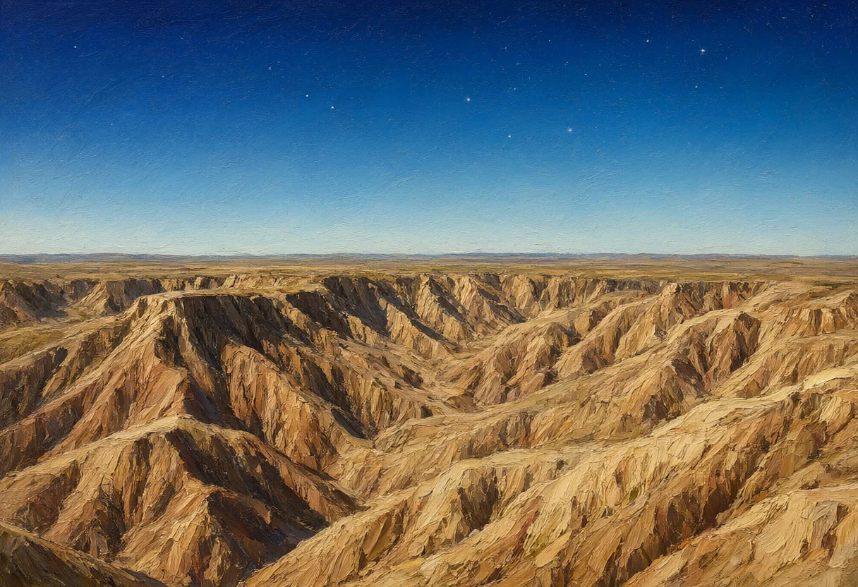 Badlands Erosion Lines under a starry sky Oil Painting