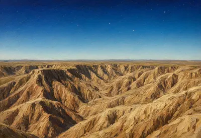 Badlands Erosion Lines under a starry sky Oil Painting