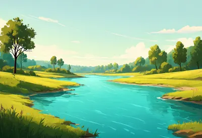 Turquoise River Bend in warm summer light Digital Illustration