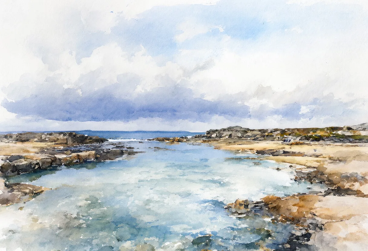 Rock Pool Reflections under a dramatic sky Watercolour