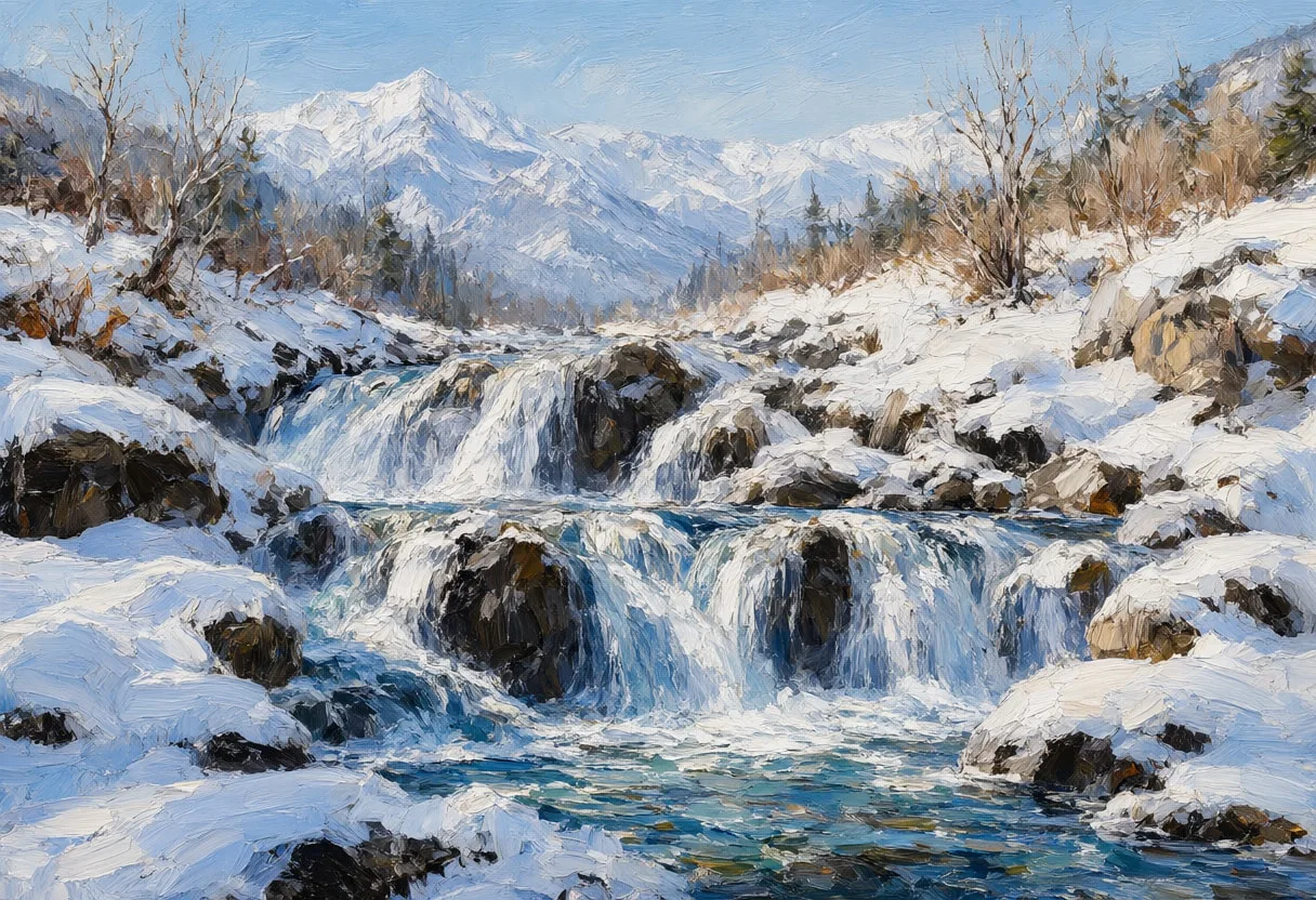 Mountain Stream Cascade in winter Oil Painting