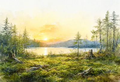 Moss Carpet On Forest Floor at golden hour Watercolour