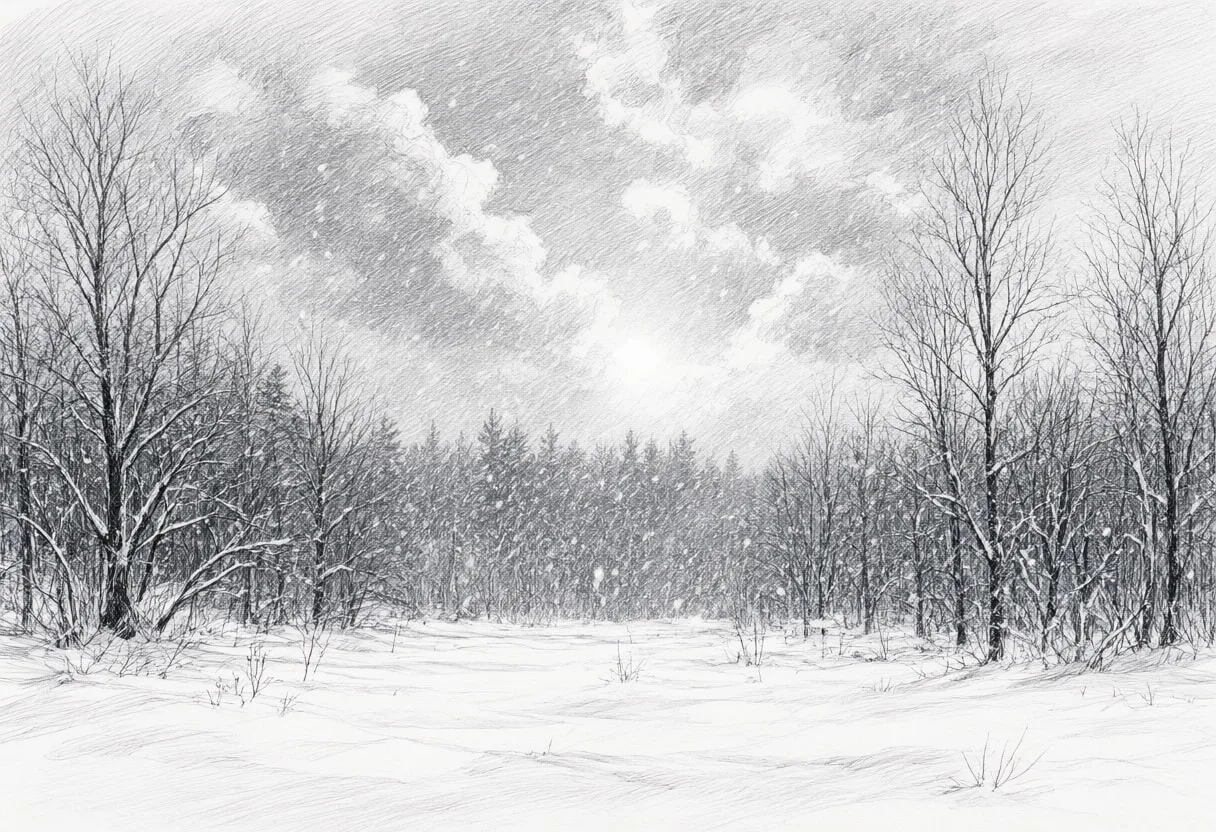Snowfall In A Quiet Wood under a dramatic sky Pencil Sketch