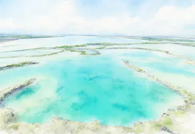 Turquoise Lagoon Aerial after rain Watercolour