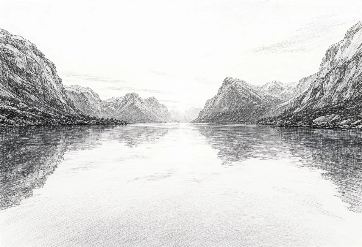 Fjord Reflection At Dawn Pencil Sketch