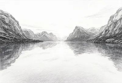 Fjord Reflection At Dawn Pencil Sketch