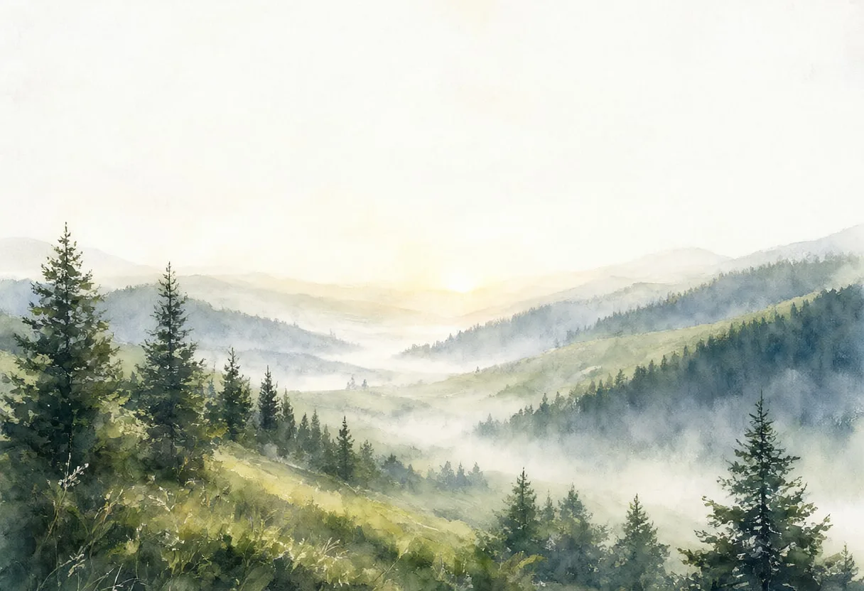 Misty Valley At Sunrise Watercolour