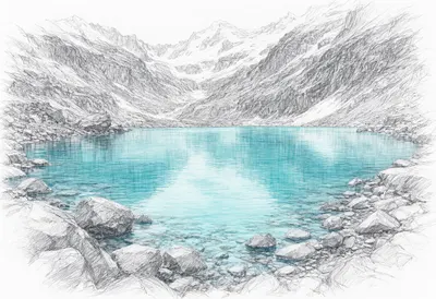 Turquoise Glacial Lake after rain Pencil Sketch