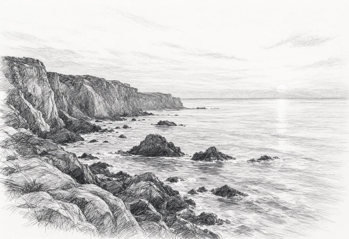 Coastal Cliffs At Dusk Pencil Sketch