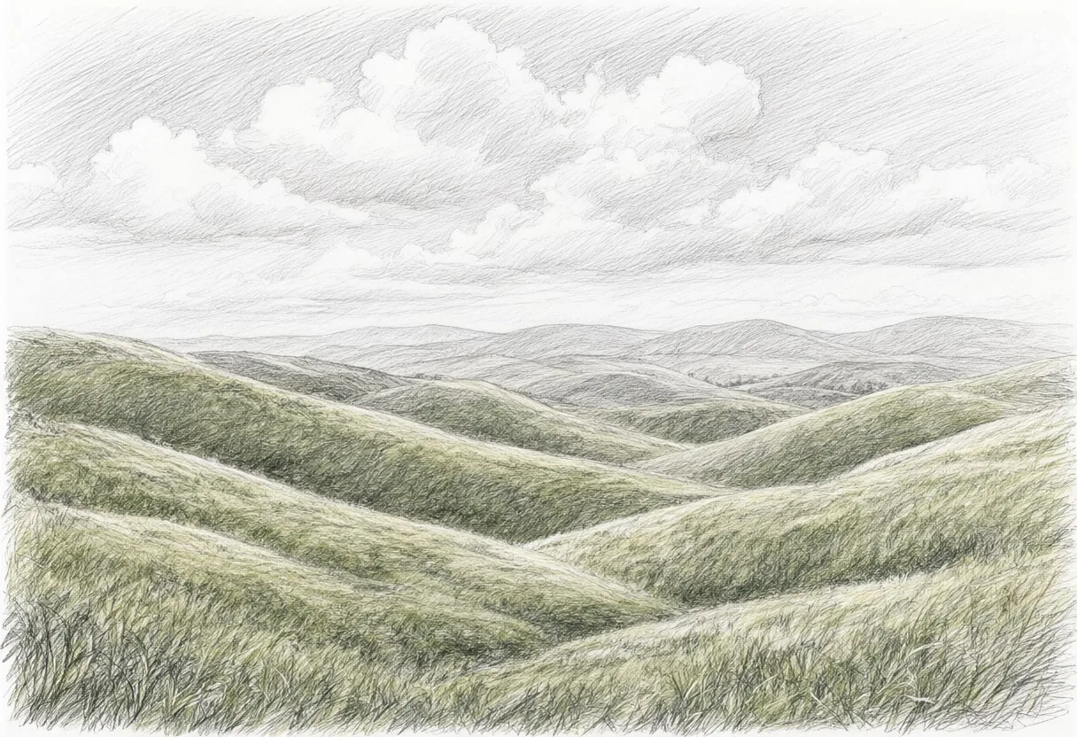 Rolling Green Hills under a dramatic sky Pencil Sketch