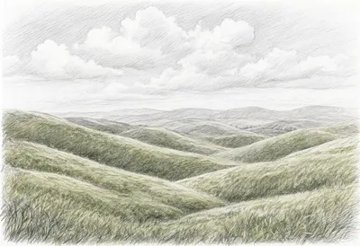 Rolling Green Hills under a dramatic sky Pencil Sketch