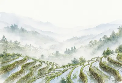 Rice Terraces In Mist Watercolour