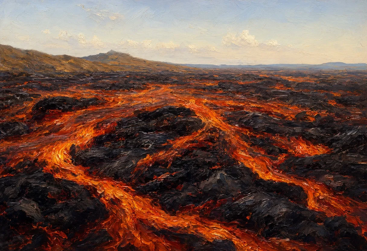 Volcanic Lava Field in warm summer light Oil Painting