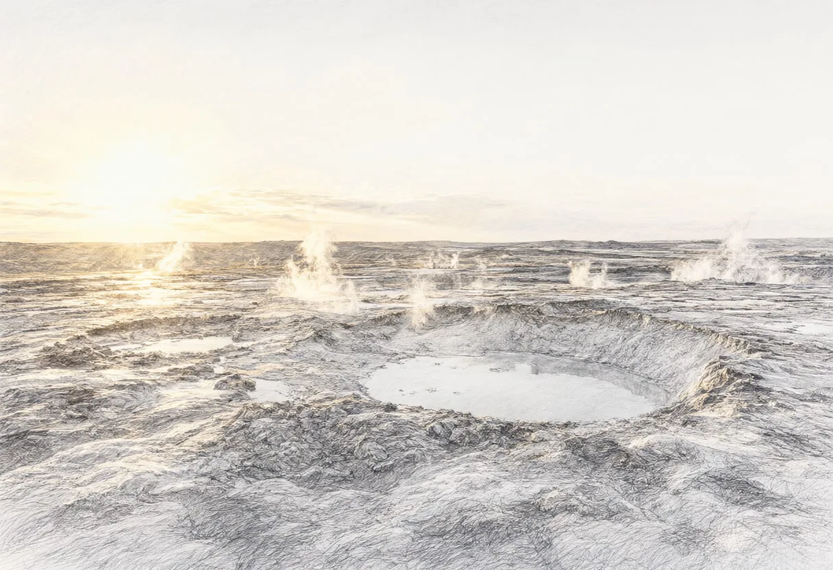 Geothermal Hot Springs at golden hour Pencil Sketch