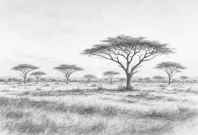 Savanna Acacia At Dusk Pencil Sketch