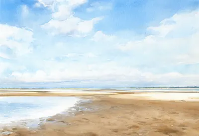 Sandbar At Low Tide under a dramatic sky Watercolour