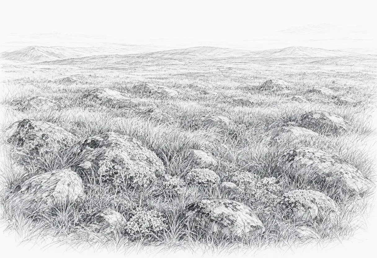 Tundra With Lichen Stones at dawn Pencil Sketch
