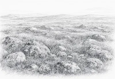 Tundra With Lichen Stones at dawn Pencil Sketch
