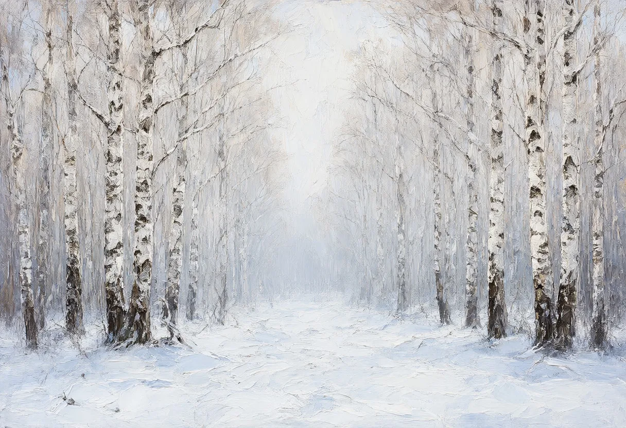 Snowy Birch Forest in soft mist Oil Painting