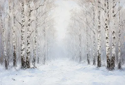 Snowy Birch Forest in soft mist Oil Painting