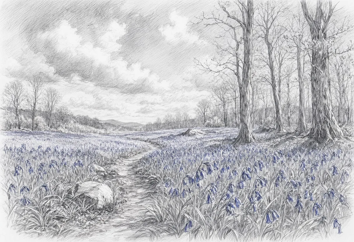 Spring Woodland With Bluebells under a dramatic sky Pencil Sketch
