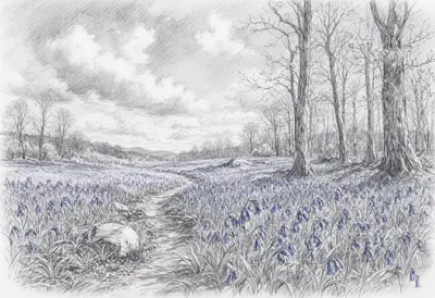 Spring Woodland With Bluebells under a dramatic sky Pencil Sketch