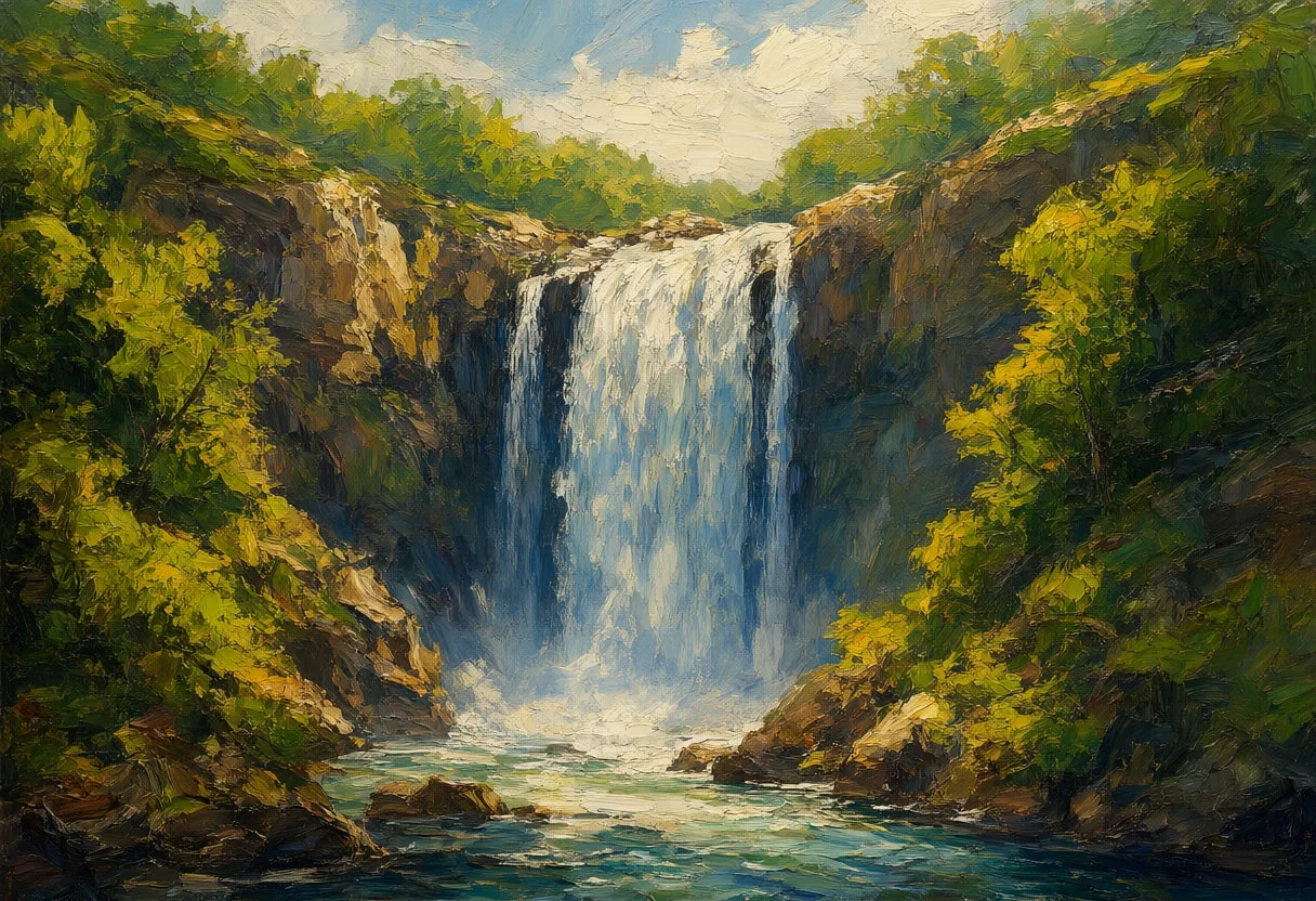 น้ำตกในหุบเขาสีเขียวในภาพวาดสีน้ำมันแสงฤดูร้อนอันอบอุ่น