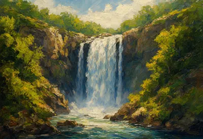 Waterfall In A Green Gorge in warm summer light Oil Painting