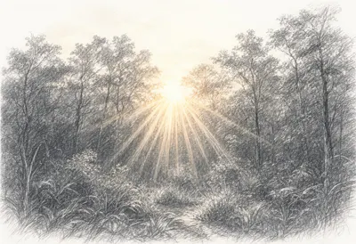 Sunbeams In Dense Forest at golden hour Pencil Sketch