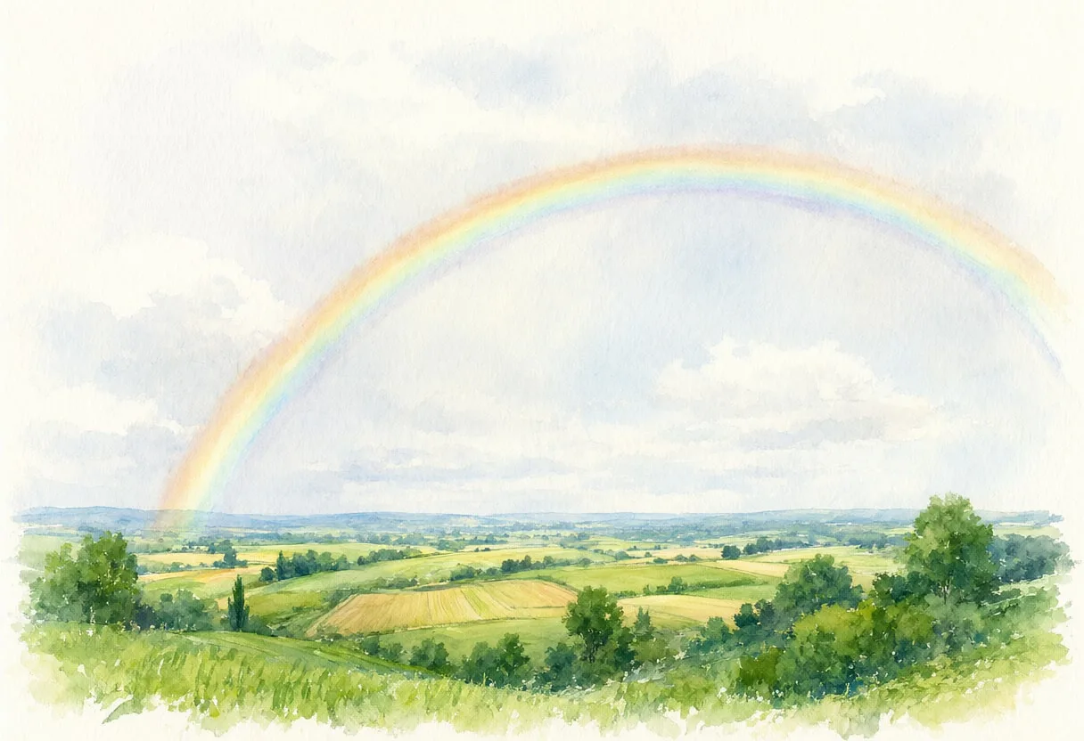 Double Rainbow Over Fields Watercolour