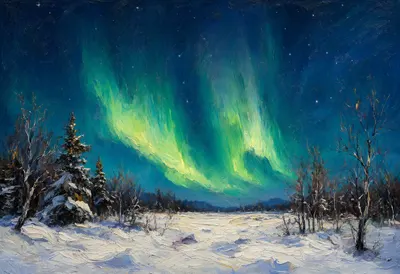 Aurora Over Snowy Trees under a starry sky Oil Painting