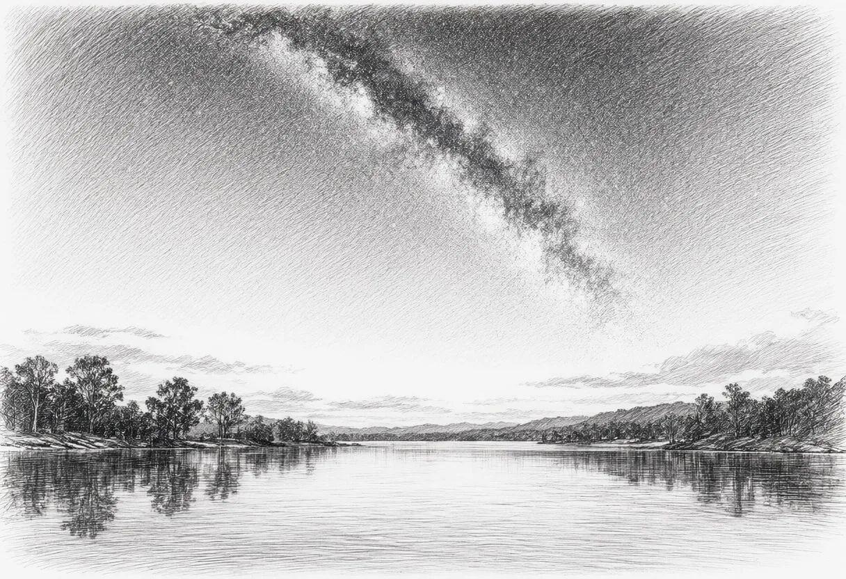 Milky Way Over A Lake after rain Pencil Sketch