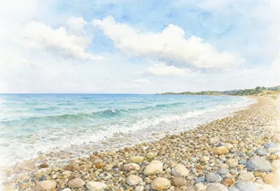 Pebble Beach Detail under a dramatic sky Watercolour