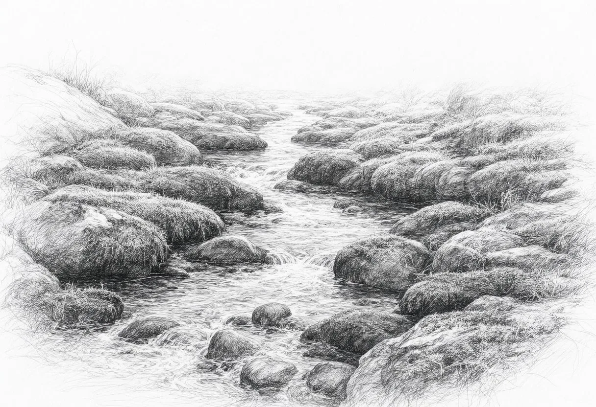 Creek Through Mossy Stones at dawn Pencil Sketch