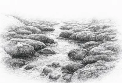 Creek Through Mossy Stones at dawn Pencil Sketch