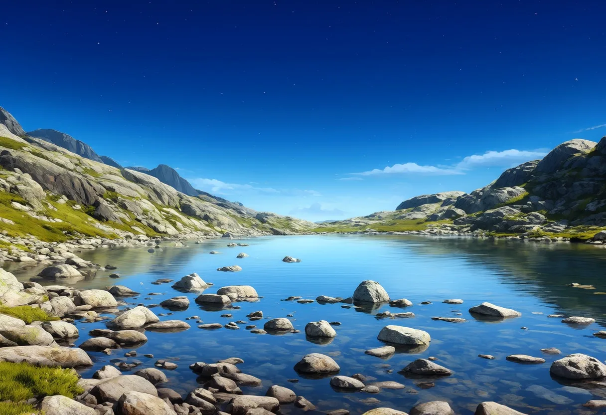 Alpine Lake With Boulders under a starry sky Digital Illustration