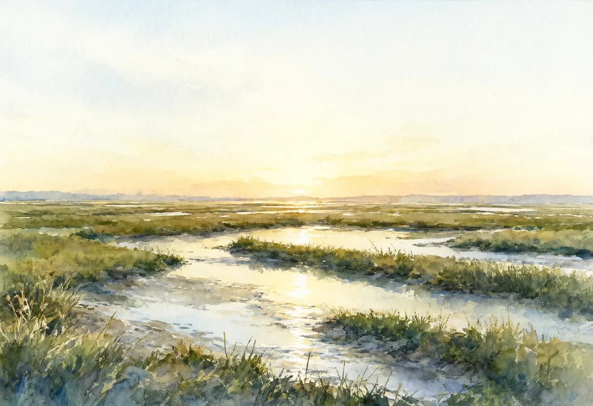 Salt Marsh Channels at golden hour Watercolour