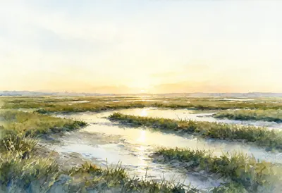 Salt Marsh Channels at golden hour Watercolour