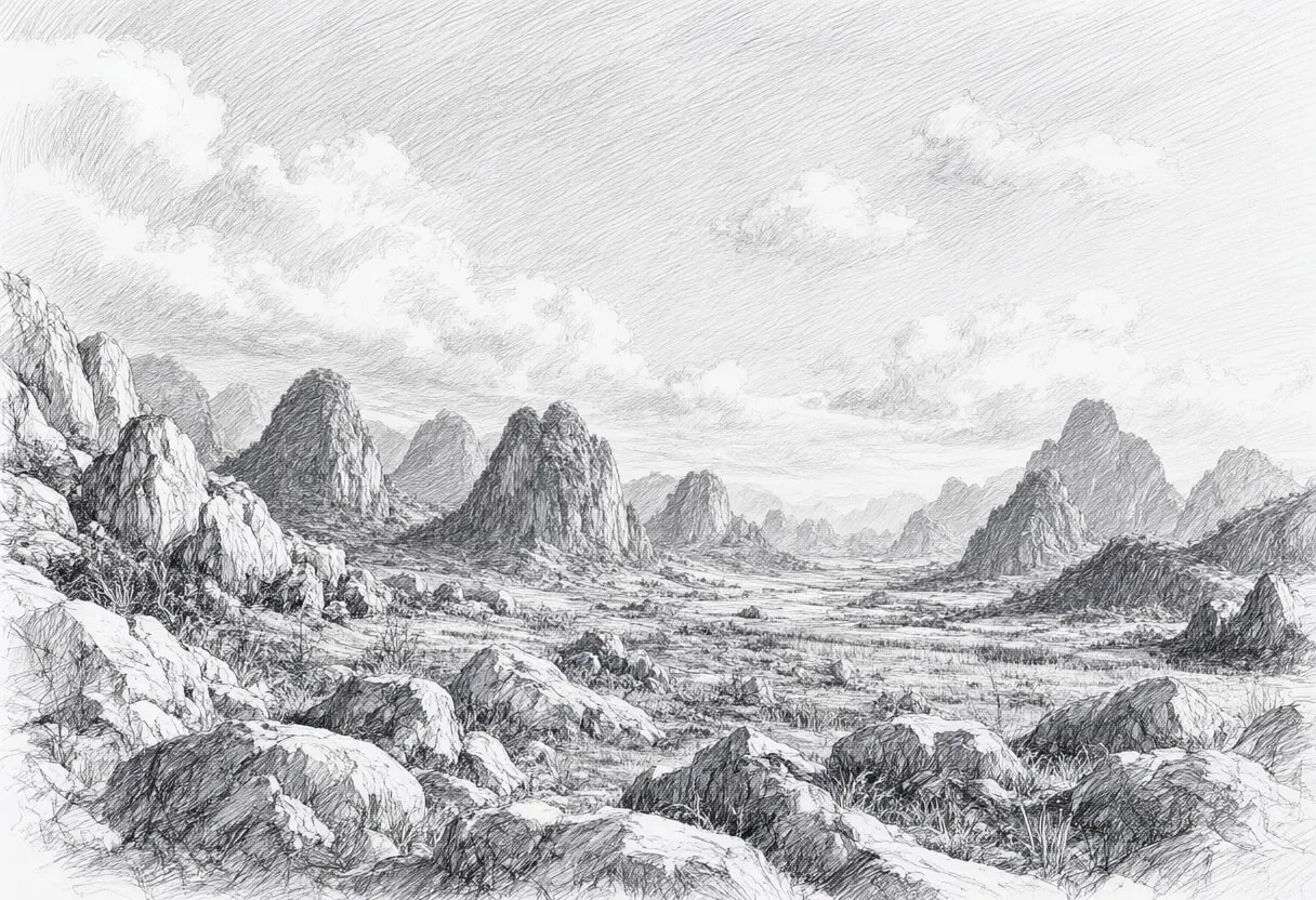Limestone Karst Peaks under a dramatic sky Pencil Sketch