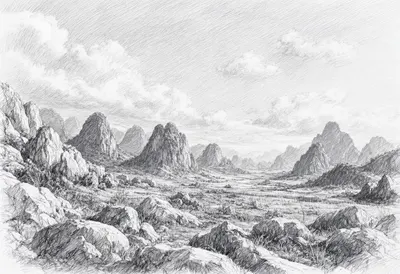 Limestone Karst Peaks under a dramatic sky Pencil Sketch