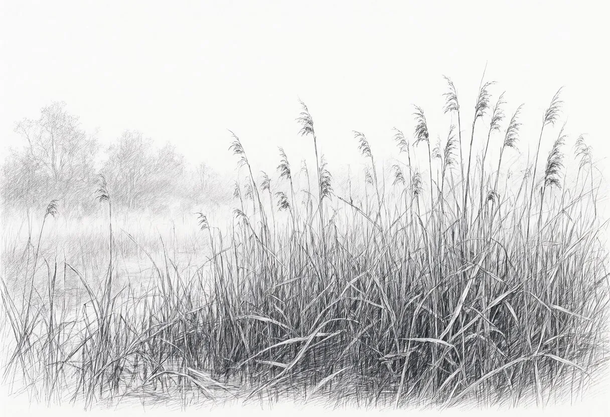 Reed Bed With Morning Fog Pencil Sketch