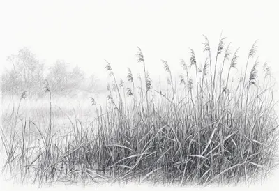 Reed Bed With Morning Fog Pencil Sketch