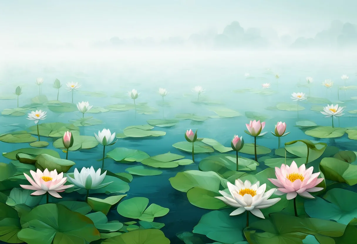 Water Lily Pond in soft mist Digital Illustration