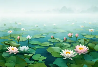 Water Lily Pond in soft mist Digital Illustration