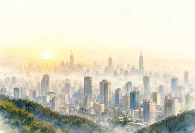 Skyline from a Distant Hill in soft morning mist