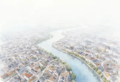 Aerial View of a River City in soft morning mist